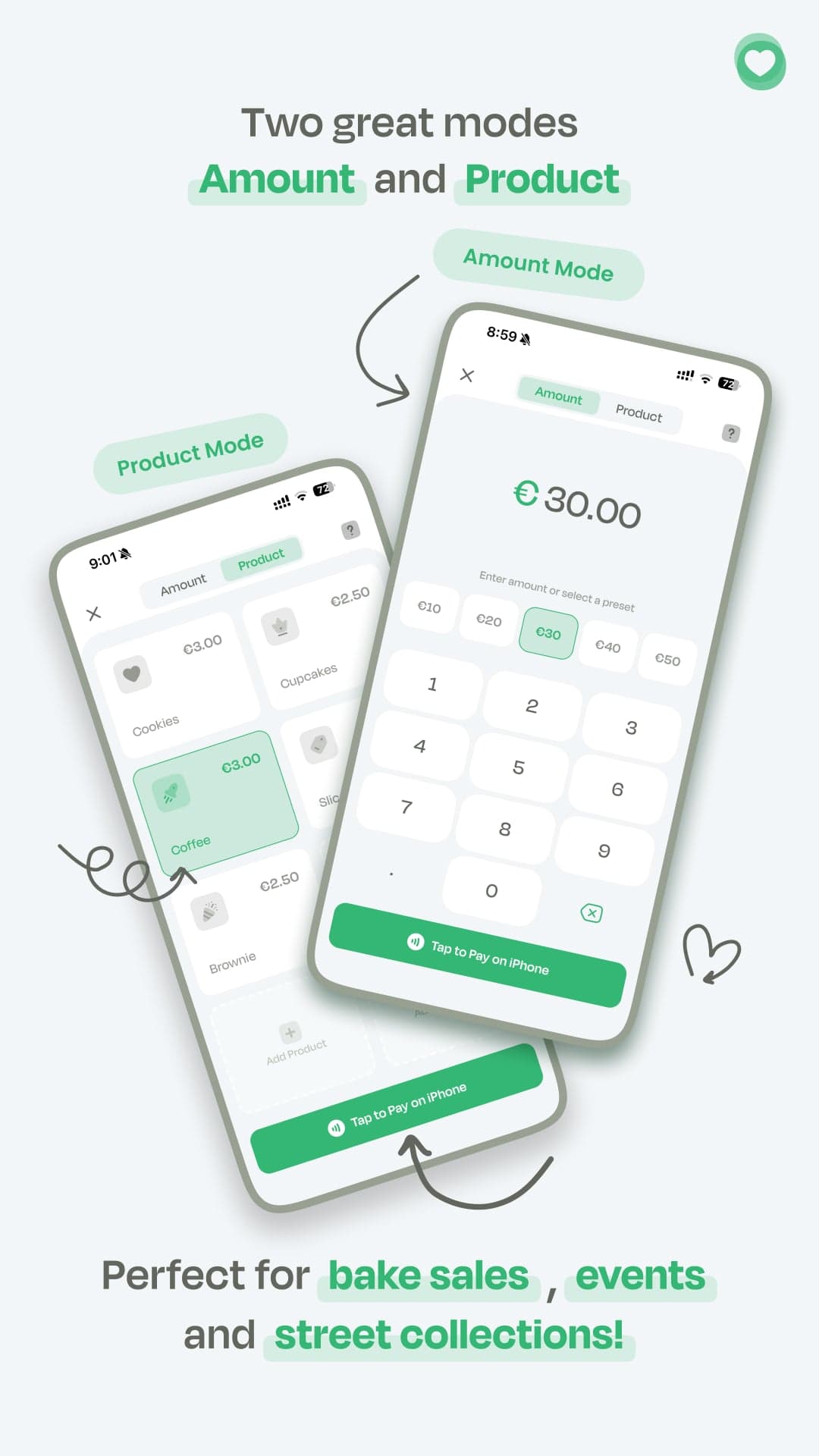 Amount and Product modes in the iDonate Tap app